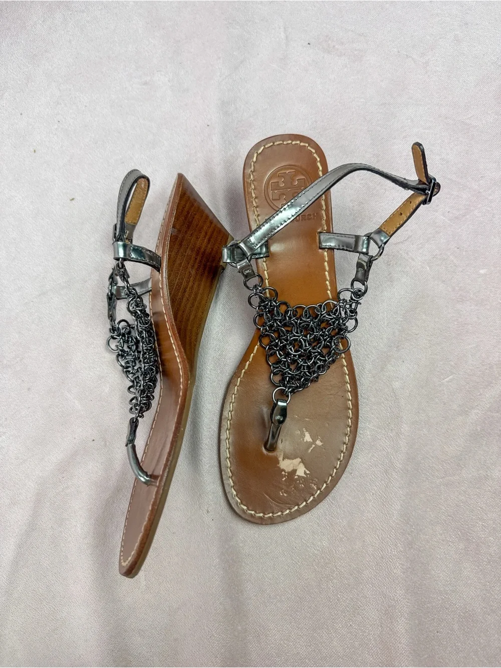 Tory Burch Womens Chainmail Slingback Thong Wedge Sandals Size 8 RARE